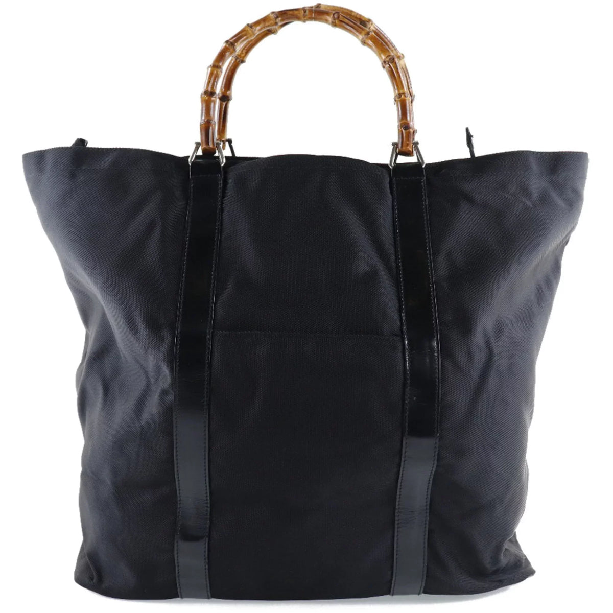 Pre-Owned GUCCI Gucci Bamboo Bag 002-2058-0412-5 Nylon Canvas x Leather Ebony Unisex Tote (Fair)