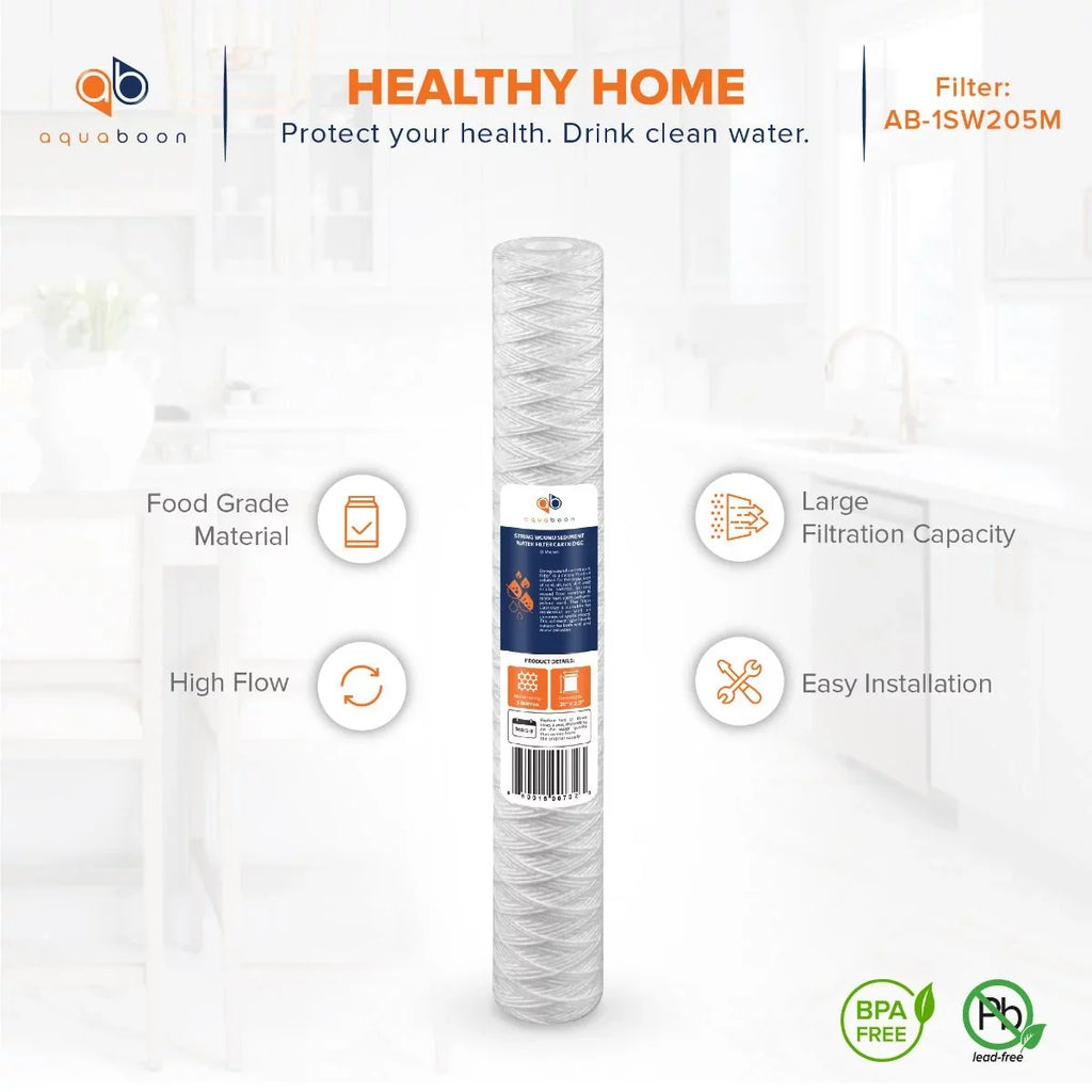 Aquaboon 5 Micron 20" x 2.5" String Wound Sediment Water Filter Cartridge | Universal Replacement for Any 20 inch RO Unit | Compatible with 101-230, PD-5-20, AP110-2C, P5-20, CFS124-C20, 6-Pack