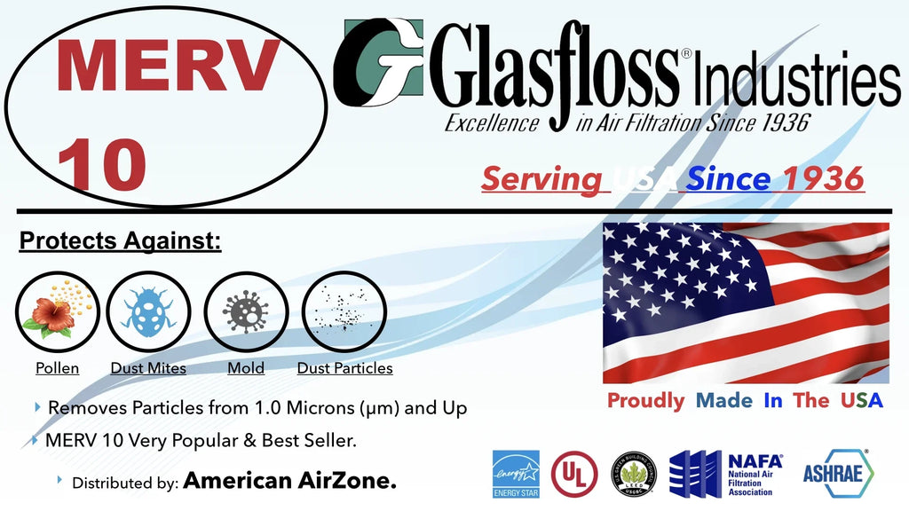 Glasfloss Air Filter 24x25x2 - 2" MERV 10 - (Pack of 6) - Pleated AC or HVAC Air Filter - Furnace Air Filter - Home or Office - Made In The USA.