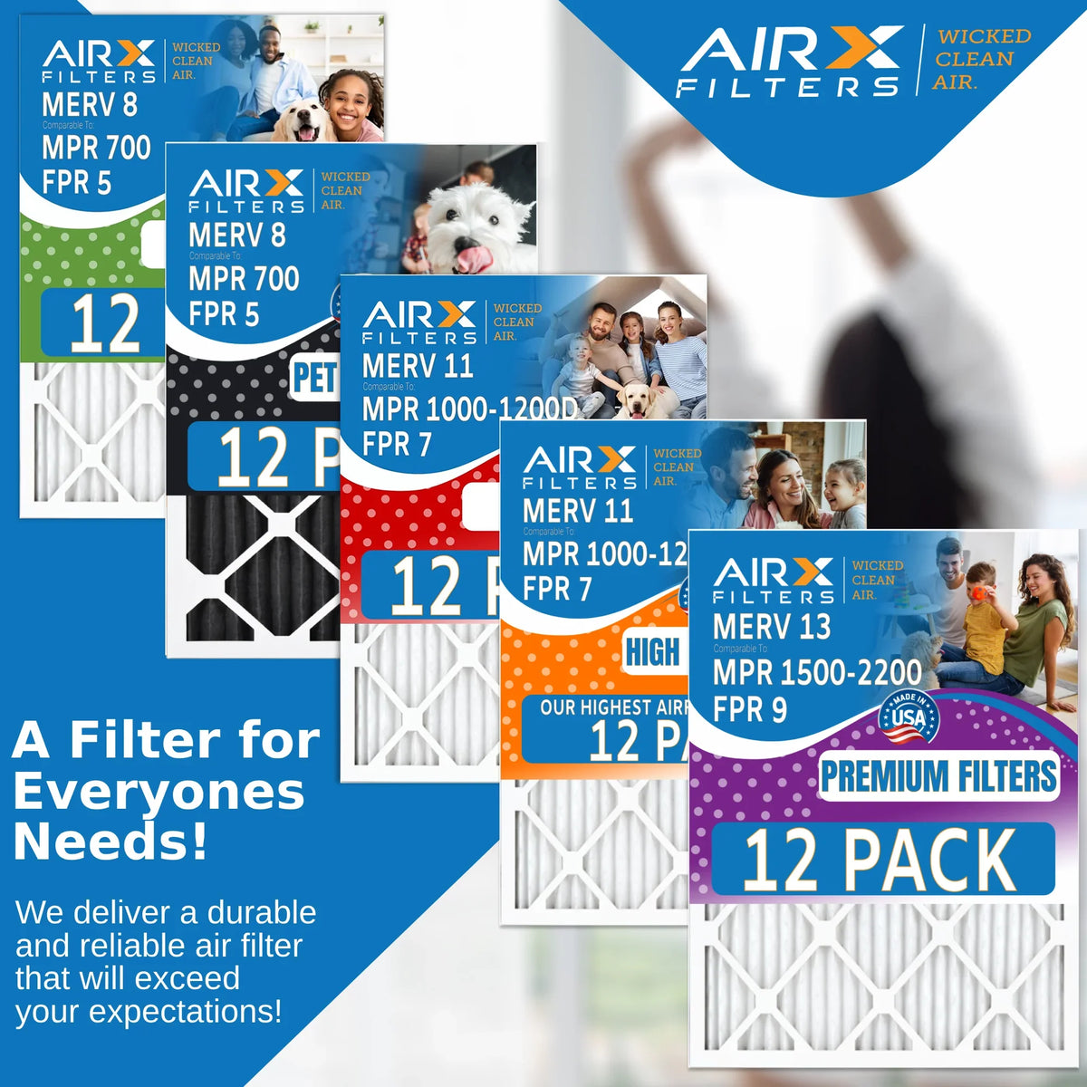 20x25x2 Air Filter MERV 11 Rating, 12 Pack of Furnace Filters Comparable to MPR 1000, MPR 1200 & FPR 7 - Made in USA by AIRX FILTERS WICKED CLEAN AIR.