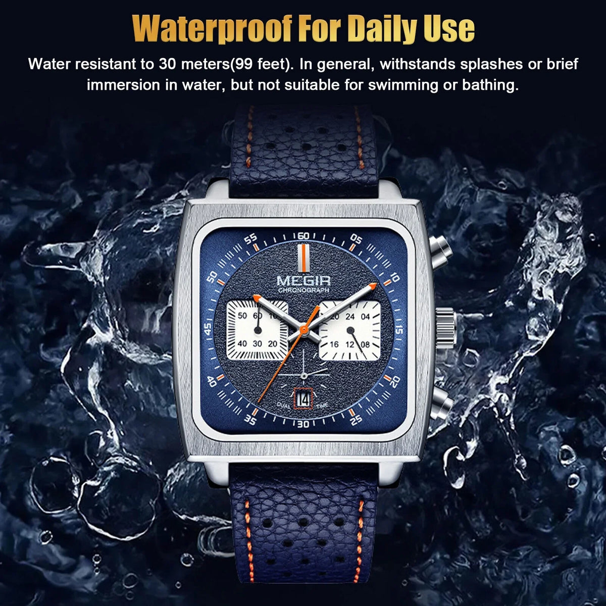 Waterproof MEGIR Men's Leather Luminous Analog Sports Quartz Military Wristwatch