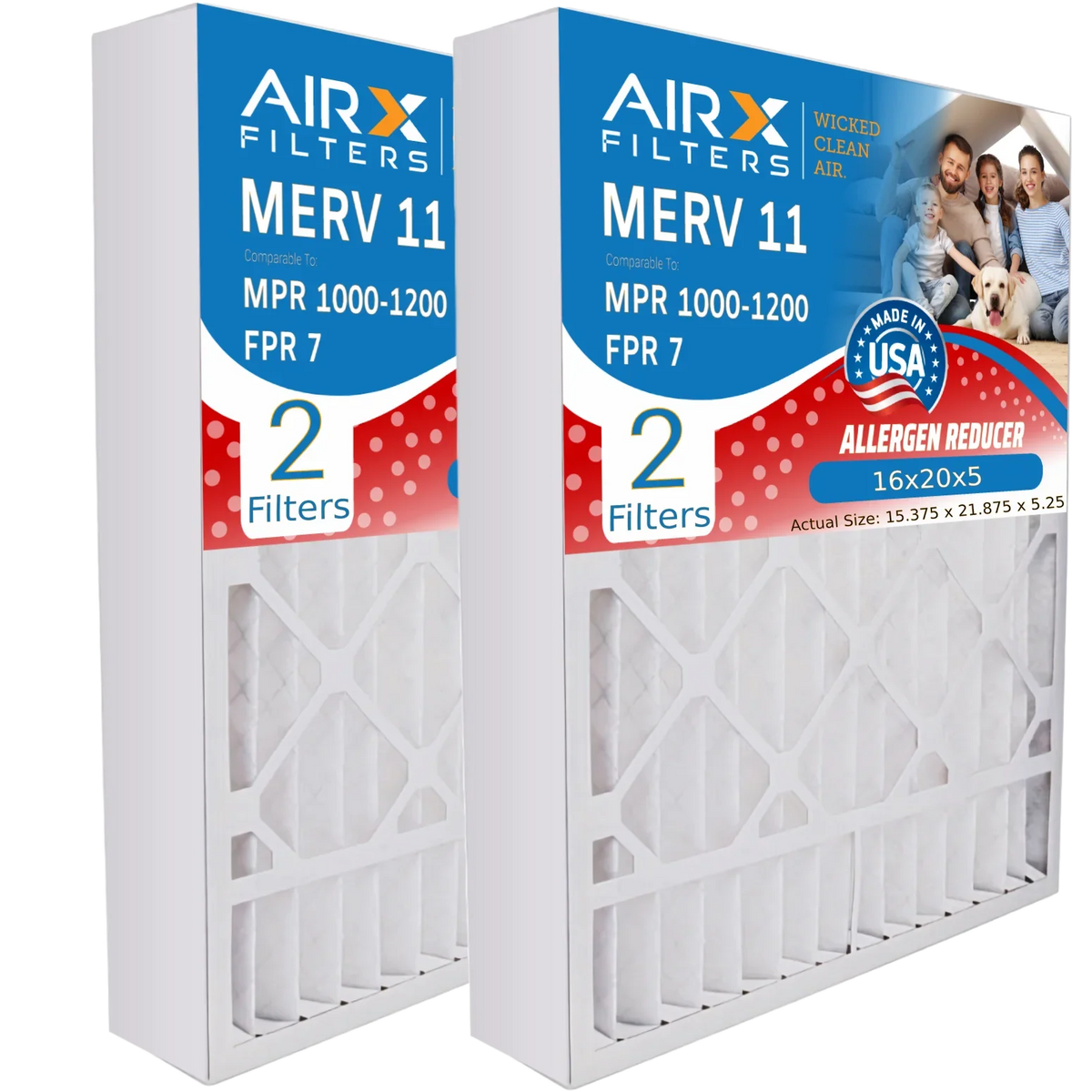 16x20x5 Air Filter MERV 11 Comparable to MPR 1000, MPR 1200 & FPR 7 Compatible with Goodman / Amana M0-1056 Premium USA Made 16x20x5 Furnace Filter 2 Pack by AIRX FILTERS WICKED CLEAN AIR.