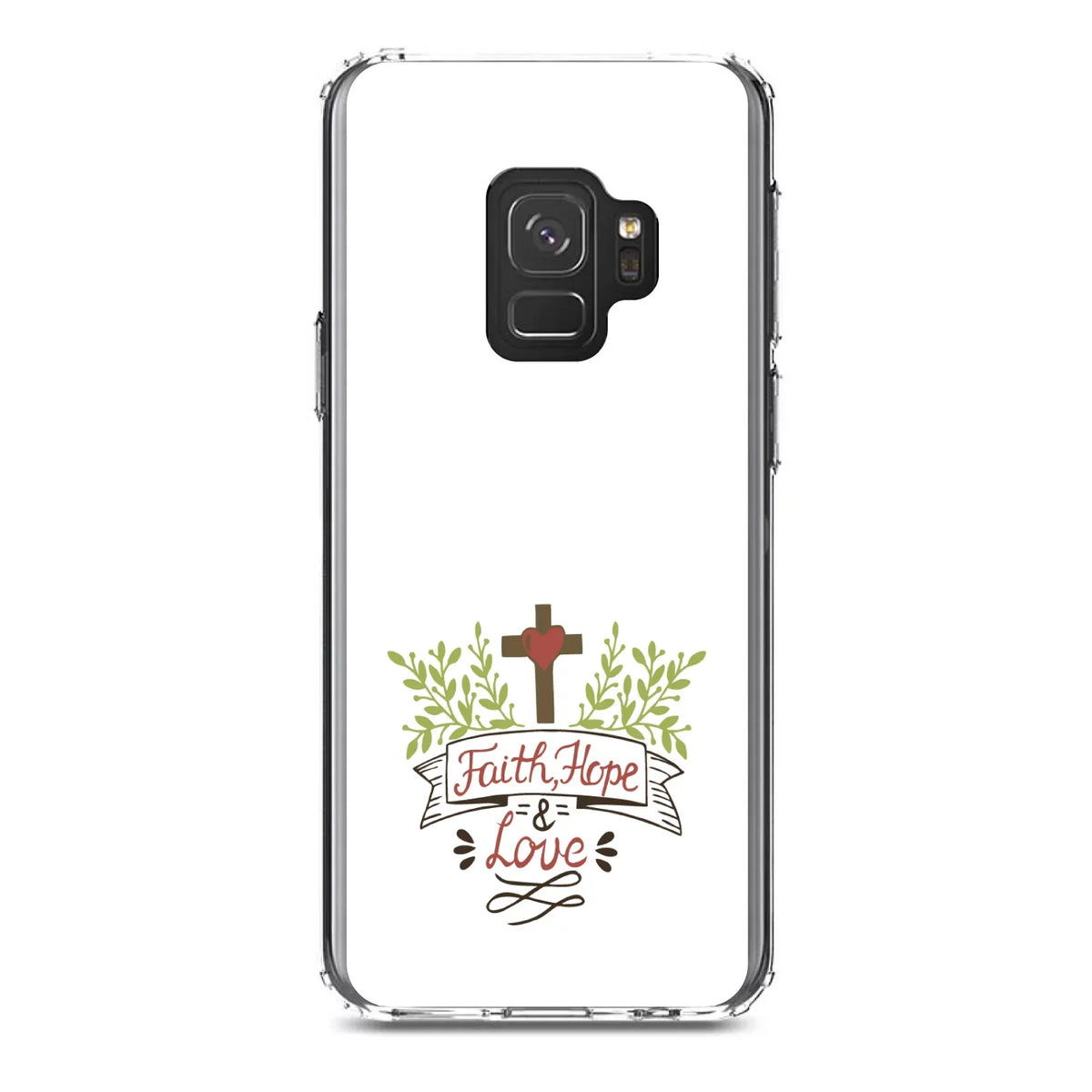 DistinctInk Clear Shockproof Hybrid Case for Galaxy S9 (5.8" Screen) - TPU Bumper, Acrylic Back, Tempered Glass Screen Protector - Faith, Hope & Love - Cross & Leaves