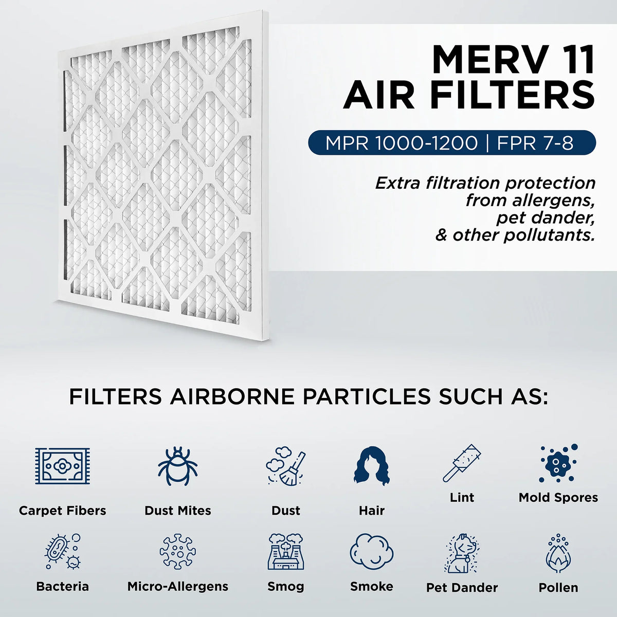 12x20x2 MERV 11, MPR 1000 Pleated AC Furnace 2" Air Filters by Pamlico. Quantity 6. Actual Size: 11-1/2 x 19-1/2 x 1-3/4