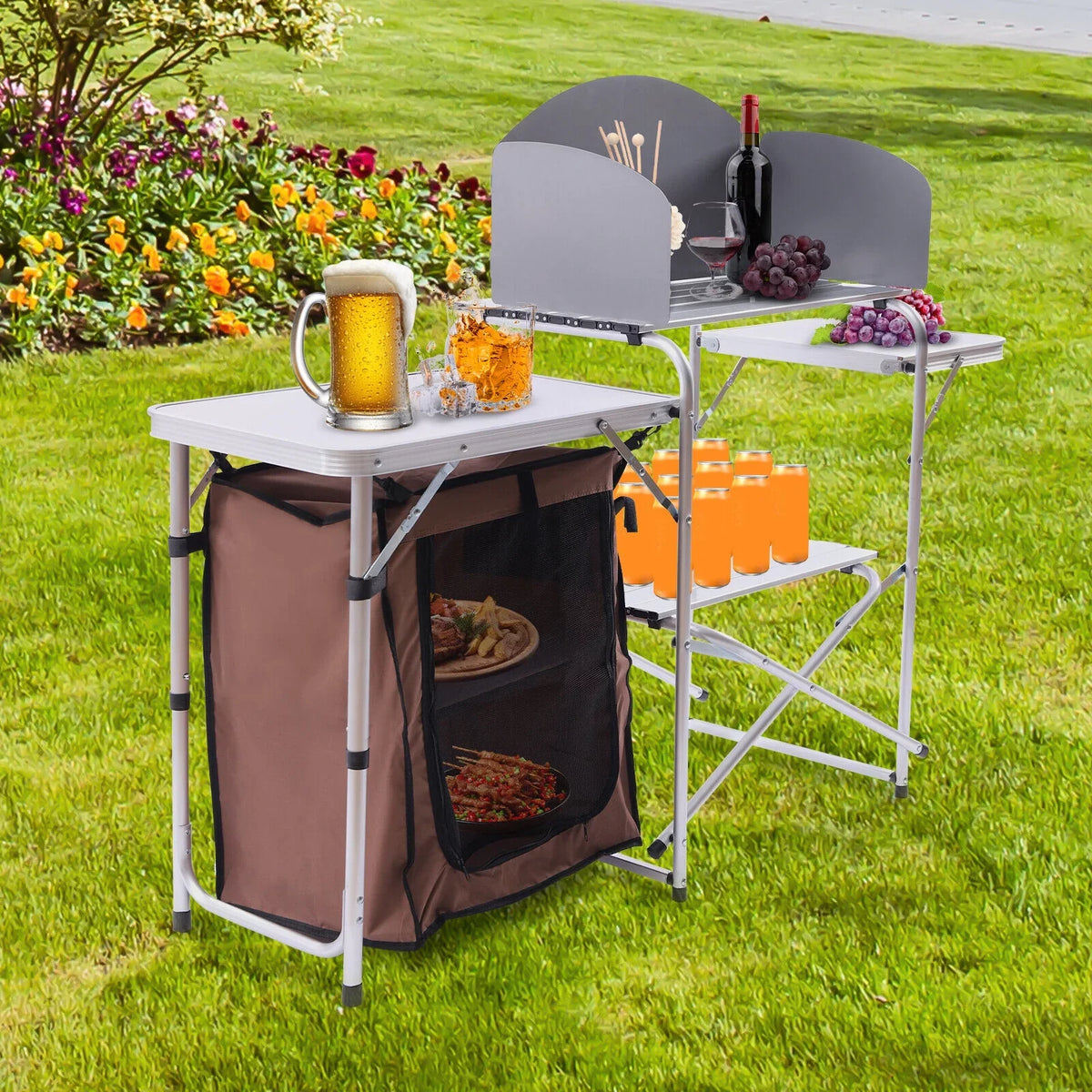 DENEST Folding Camping Kitchen Station Portable Barbecue Table Rack Brown Fabric Cover