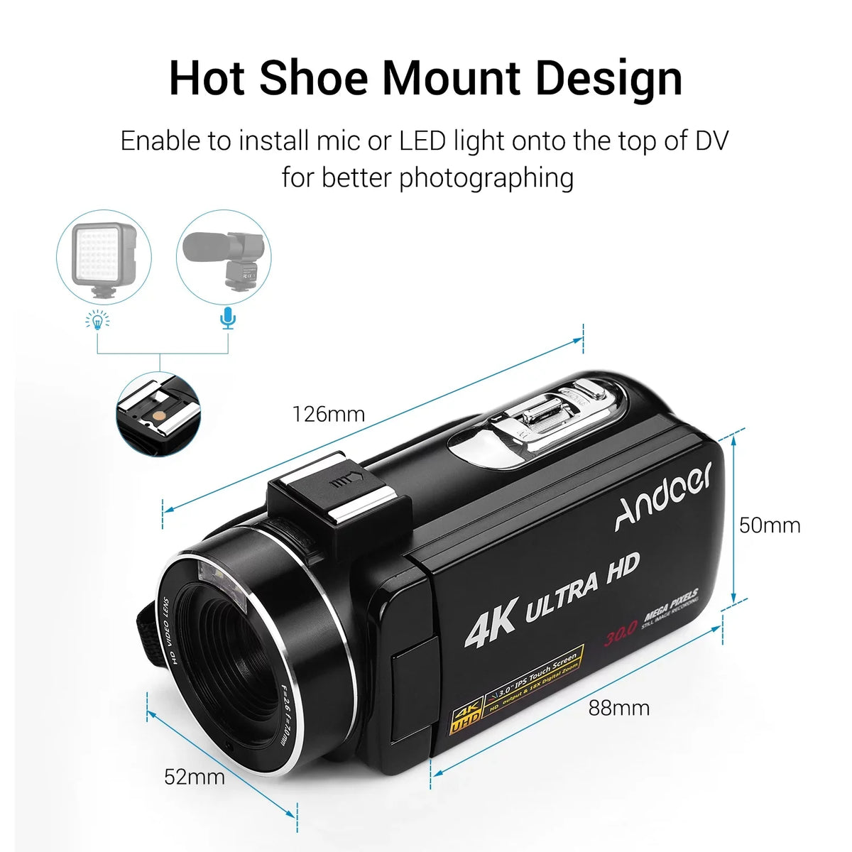 Andoer 4K Handheld DV Professional Digital Video CMOS Sensor Camcorder with Hot Shoe for Mounting Microphone 3.0 Inch IPS Burst -Shaking Function