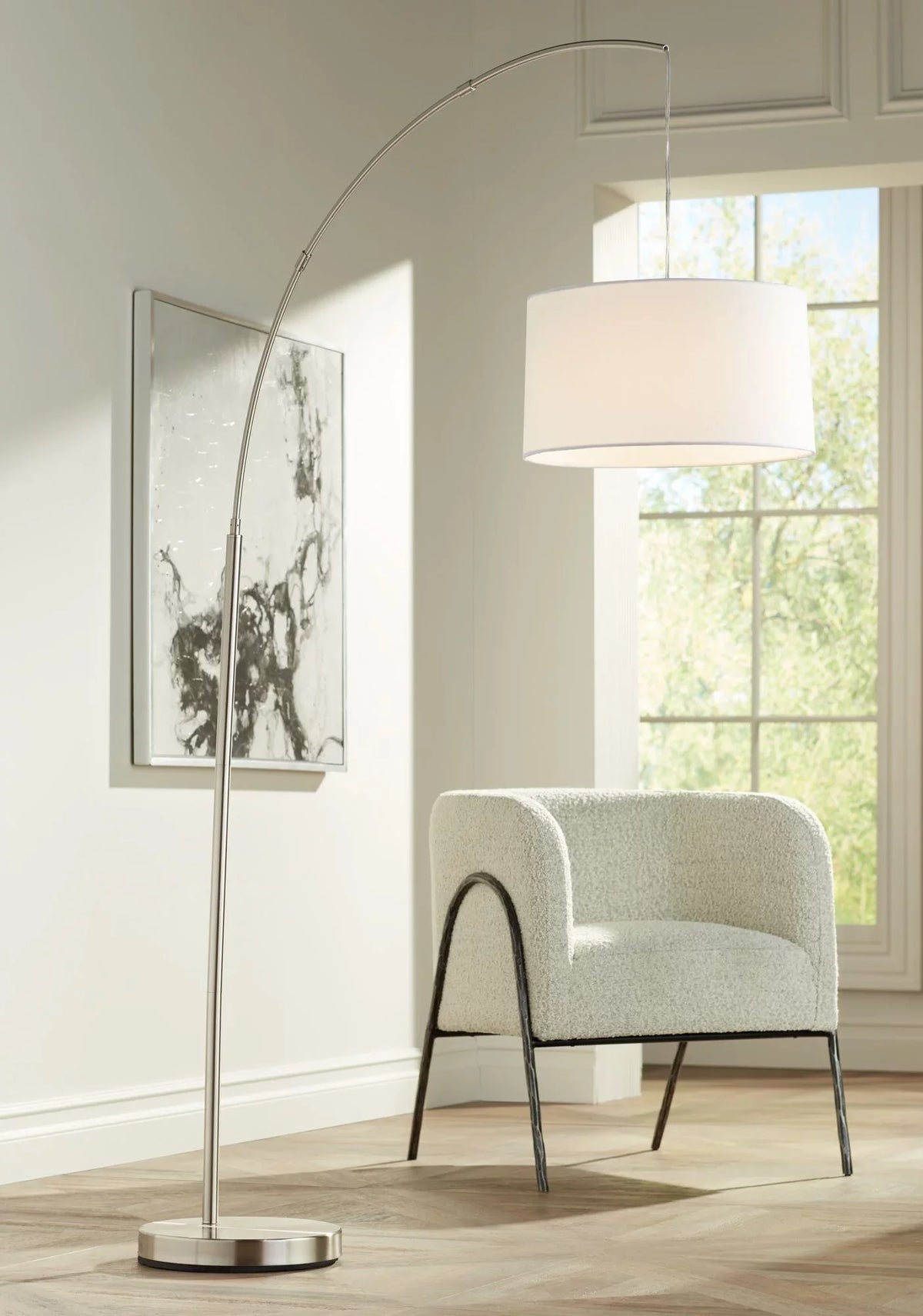 360 Lighting Cora Modern Arc Floor Lamp Standing 72" Tall Brushed Nickel Metal White Linen Drum Shade for Living Room Reading Bedroom Office House