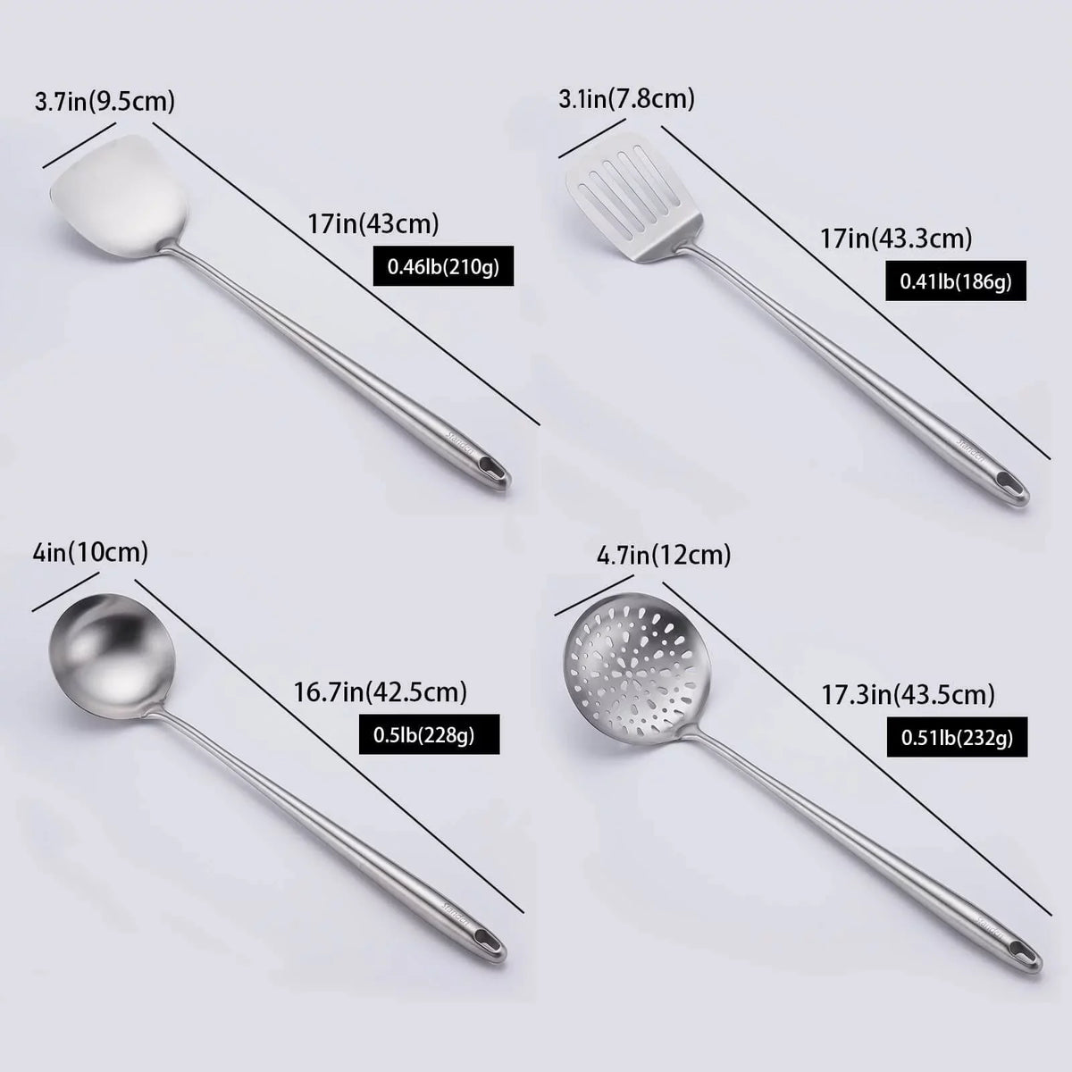 Stiwee 2024 Newest Sale Cooking Equipment Cooker 17Inch Wok Spatula And Ladle Skimmer Spoon Slotted Spatula 304 Stainless Steel Kitchen Utensils Set 4Pieces All Metal Extra Long Handle Cooking Tools