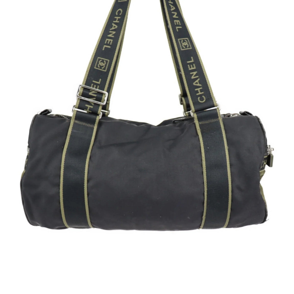 Pre-Owned CHANEL Chanel Sport Line Boston Bag Nylon Canvas Jet Khaki Green Shoulder Travel Cocomark 10 Series Round Cylindrical (Fair)