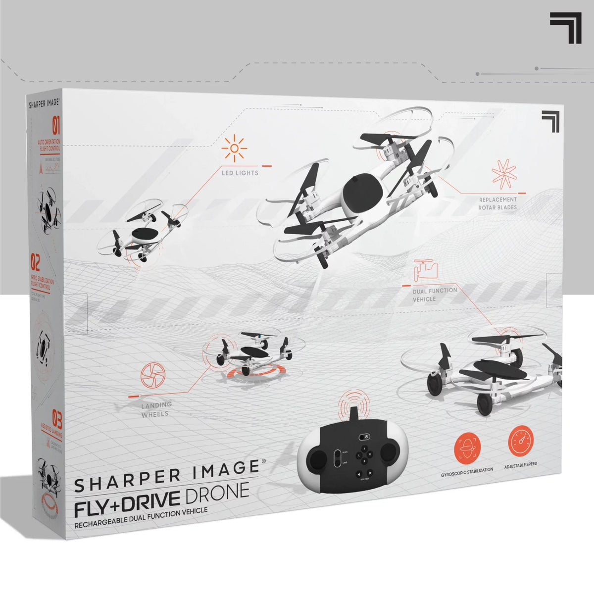 SHARPER IMAGE Rechargeable Dual Function Fly + Drive Drone RC, 250ft Long Range Control and 215ft Max Altitude, 5in