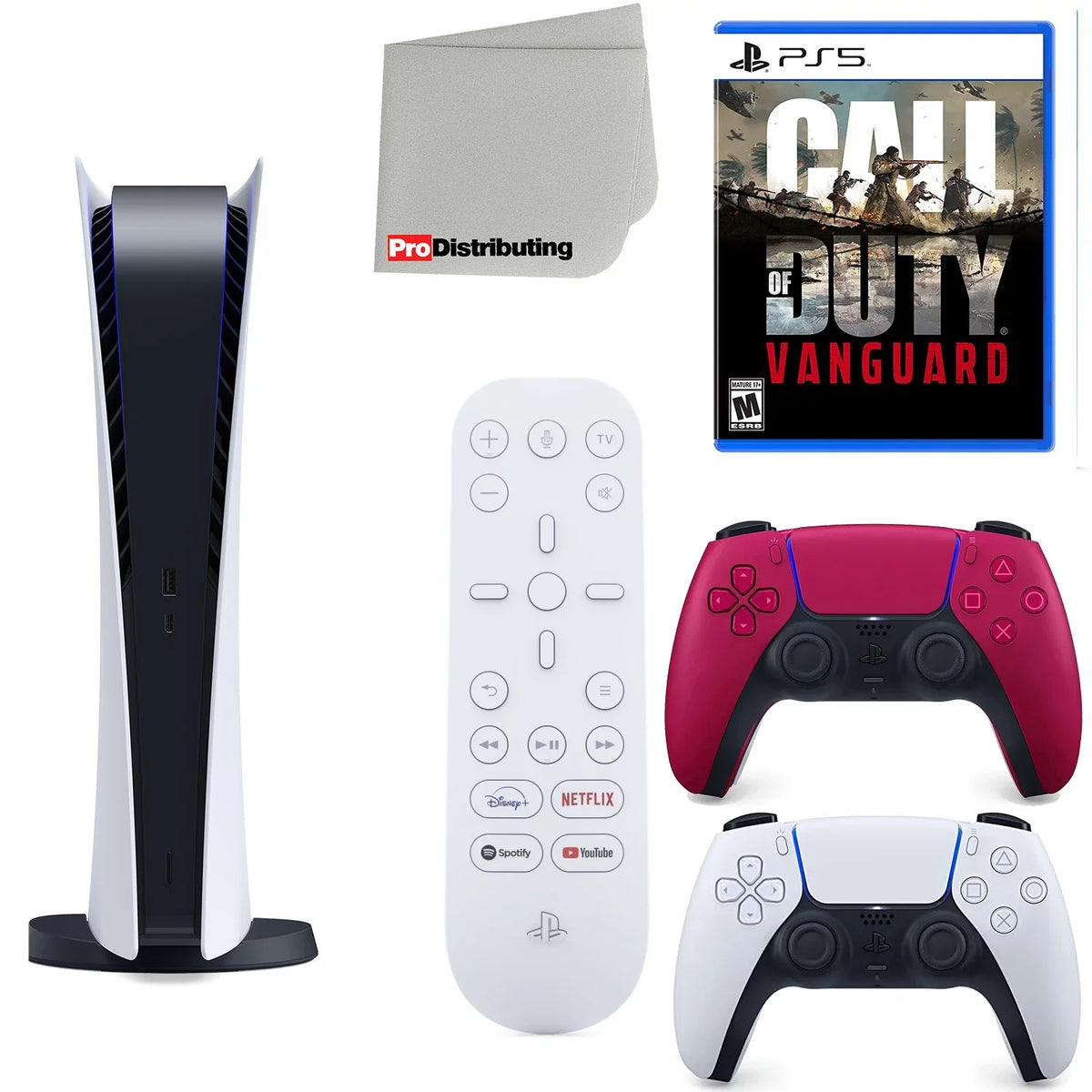 Playstation 5 Digital Version ( PS5 Digital) with Cosmic Red Extra Controller, Media Remote, Call of Duty: Vanguard, Accessory Starter Kit and Microfiber Cleaning Cloth Bundle