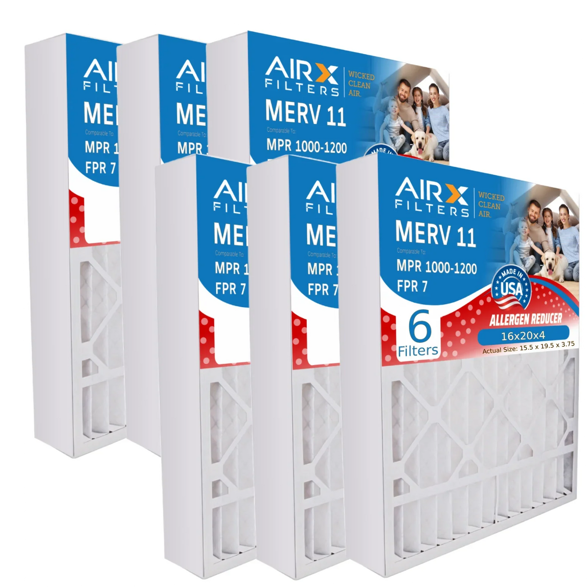 16x20x4 Air Filter MERV 11 Comparable to MPR 1000, MPR 1200 & FPR 7 Compatible with White Rodgers FR1000M-111 Premium USA Made 16x20x4 Furnace Filter 6 Pack MERV 11 by AIRX FILTERS WICKED CLEAN AIR.