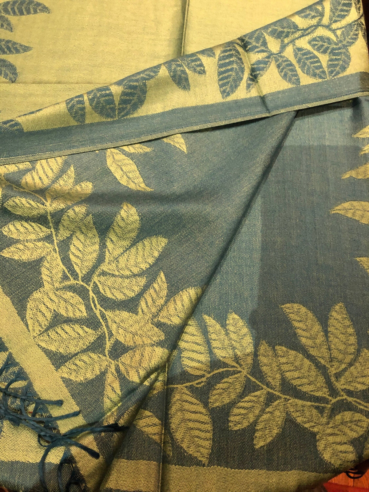 Vintage Teal blue and Green Vine Brocade Reversable Pashmina Scarf Wrap shawl